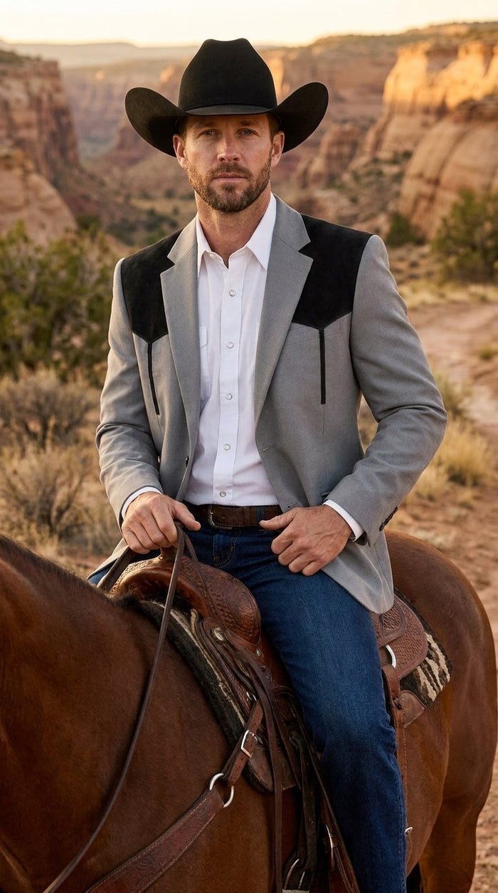 Men’s Grey Western Blazer with Black Suede Yoke – Cowboy Sport Coat for Rodeo, Country Wedding & Ranch Wear
