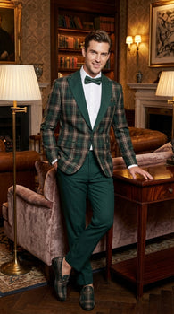 Mens Tartan Green and Brown Blue Plaid Tuxedo Dinner Jacket Set – Checkered Prom Blazer with Dark Green Pants Formal Wedding Party Wear