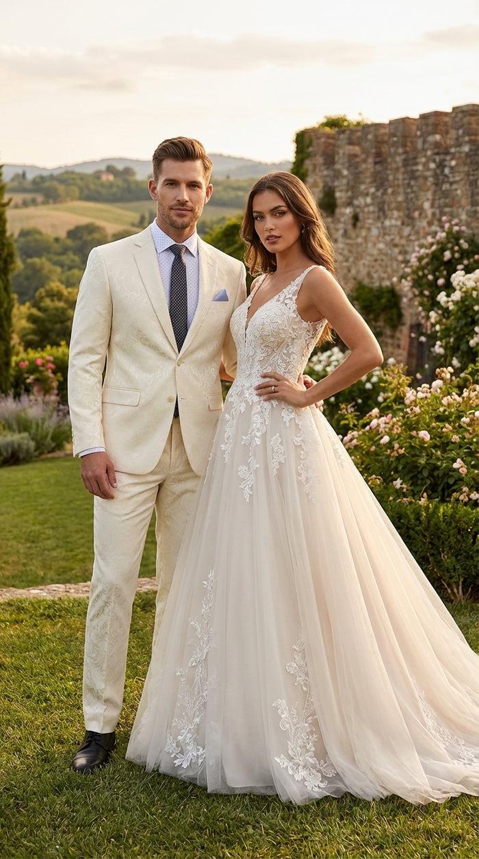 Men’s Ivory Paisley Shiny Suit – Flroal Formal Wedding and Prom Suit for Party, in Cream Off White Modern Fit