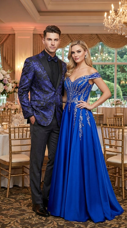 Mens Blue Paisley Jacquard Blazer – Luxury Pattern Tuxedo Dinner Jacket with Black Satin Lapel for Wedding, Prom With Bowtie