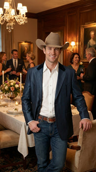 Men’s Sapphire Indigo Western Cowboy Blazer – Classic Western Style Jacket, Country Casual Dress Blazer in Navy Blue with sheen