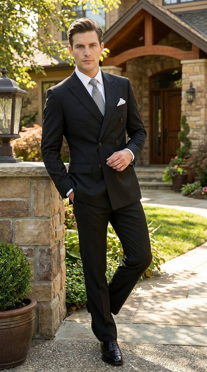 Statement Confidence Men'S Black Double Breasted Wool Italian Design Suit