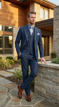 Men’s Pleated Pants Dark Blue Denim 3 Piece Suit – 100% Cotton Formal Suit Set, Blazer Vest Pants Outfit Classic Fit Athletic Fit Lose Fit