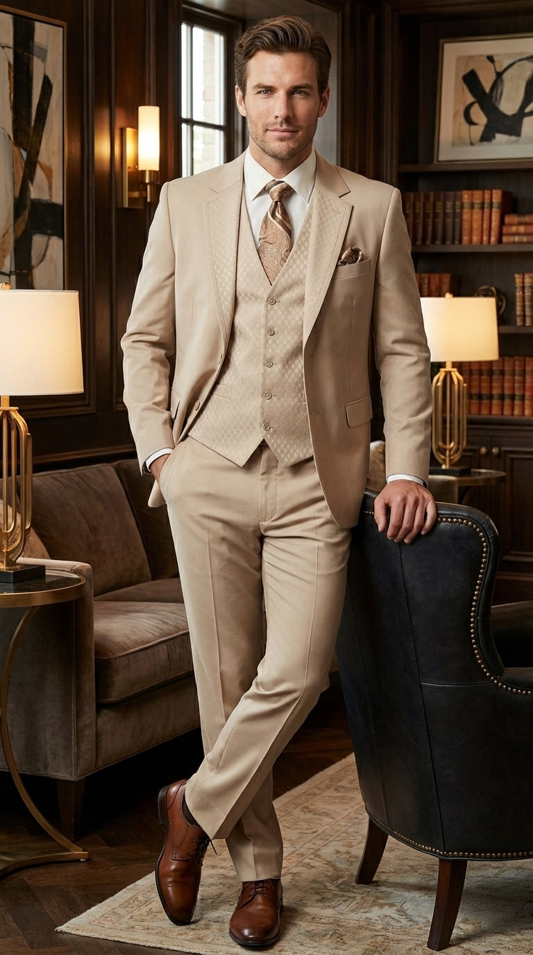 Men’s Tan Beige 3 Piece Tuxedo Suit – Beige Formal Suit Set with Vest, Patterned Lapel and Tie for Wedding, Prom in Tan Khaki Color
