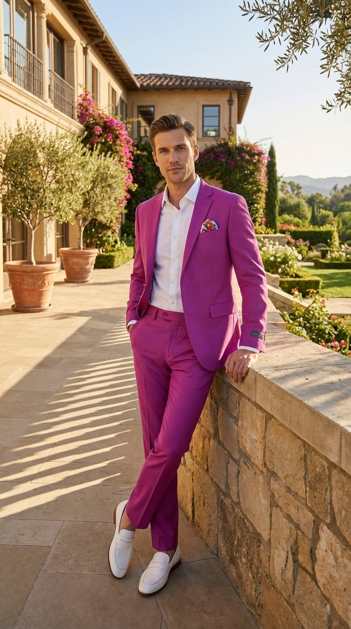 Mens Fuchsia 2 Piece Suit – Bright Pink Formal Suit for Men Stylish Wedding Party Prom Suit Magento Color Modern Fit
