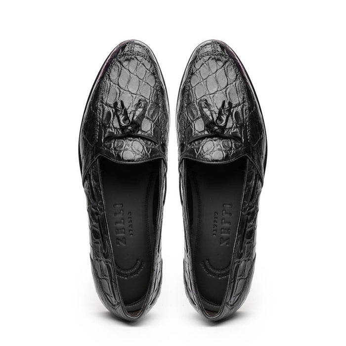 Zelli Franco Tassel Loafers in Genuine Caiman Crocodile - Black