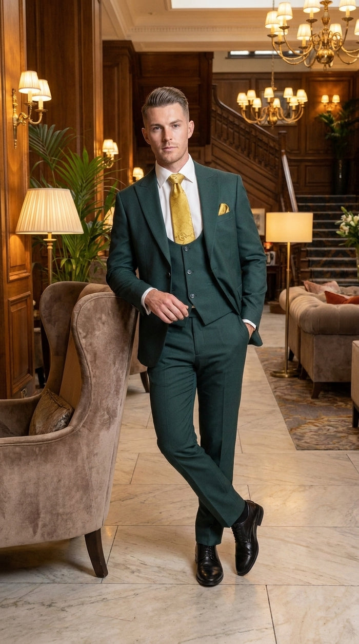 Mens Vitali 3 Piece Suit W/Scoop Vest Hunter Green 3-Piece Suit –, Big Peak Lapel  Vest and Pants  Two Buttons Modern Fit