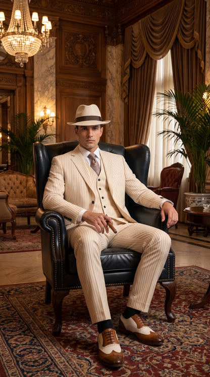 Men’s Ivory Cream Pinstripe 3-Piece Suit – 1920s Gangster Gatsby Wedding and Formal Suit  Modern Fit