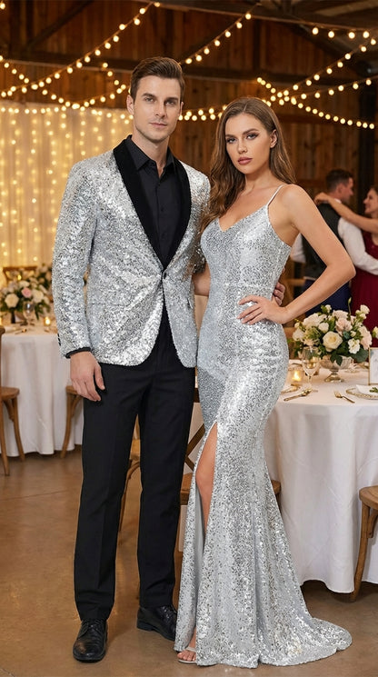 Men’s Silver Sequin Blazer Disco Style Jacket – Black Lapel Party Blazer, Shiny Evening Wear, 70s Dance Outfit, Formal Event Jacket