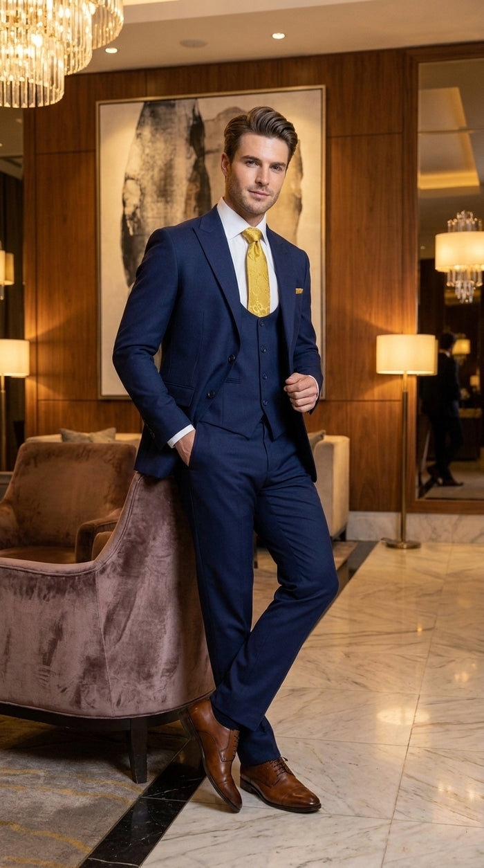 Mens Vitali 3 Piece Suit W/Scoop Vest Navy Blue 3-Piece Suit – Big Peak Lapel  Vest and Pants Two Buttons  Modern Fit