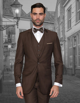 Mens 2 Button Skinny Vested Wool Suit in Brown