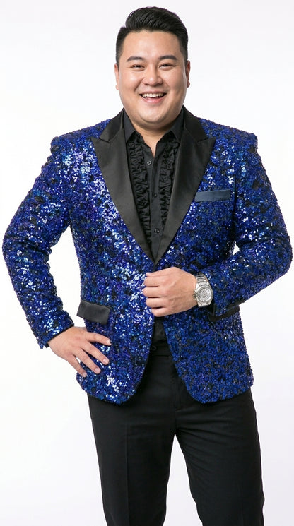 Men’s Blue Sequin Sparkle Blazer Jacket with Black Satin Lapel, Party Prom Wedding Dinner Coat