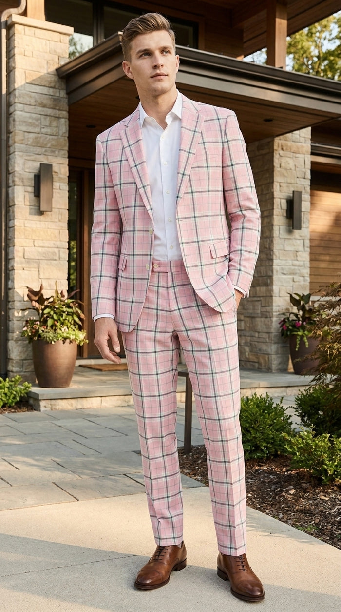 Men’s Pink Plaid Suit with Check Pattern Blazer and Matching Pants, Formal Wedding Party Dress Suit