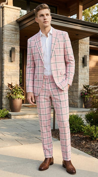Men’s Pink Plaid Suit with Check Pattern Blazer and Matching Pants, Formal Wedding Party Dress Suit