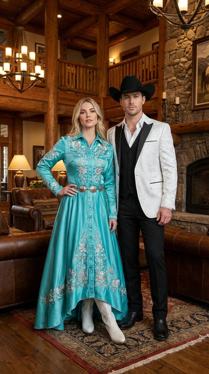 Men’s White Paisley Cowboy Tuxedo with Black Satin Lapel – Western Formal Wedding Suit Jacket