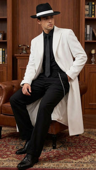 Men’s White Long Zoot Style Suit  | Vintage Gangster Mafia Formal Coat with Black Pants