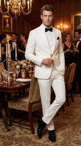 Mens White Wedding Tuxedo Suit – Formal Groom Suit Set Classic Dinner Jacket + White Tuxedo Shirt + Black Bow Tie