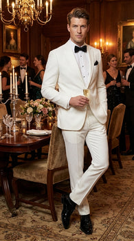 Mens White Wedding Tuxedo Suit – Formal Groom Suit Set Classic Dinner Jacket + White Tuxedo Shirt + Black Bow Tie