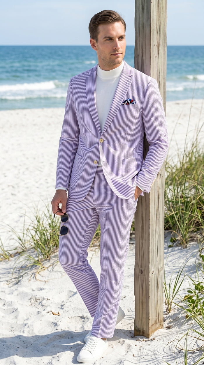 Men’s Lavender Seersucker 2 Piece Suit, Lightweight Summer Blazer and Pants Set for Weddings, Parties, Prom, and summer fabric