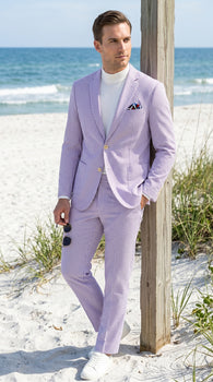 Men’s Lavender Seersucker 2 Piece Suit, Lightweight Summer Blazer and Pants Set for Weddings, Parties, Prom, and summer fabric