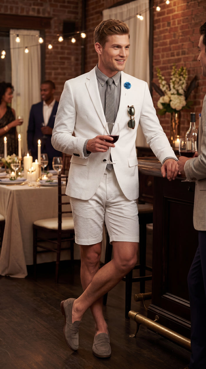 Men’s Cotton Fabric White 2 Piece Summer Suit with Shorts, Casual Beach Wedding and Resort Formal Outfit Modern Fit