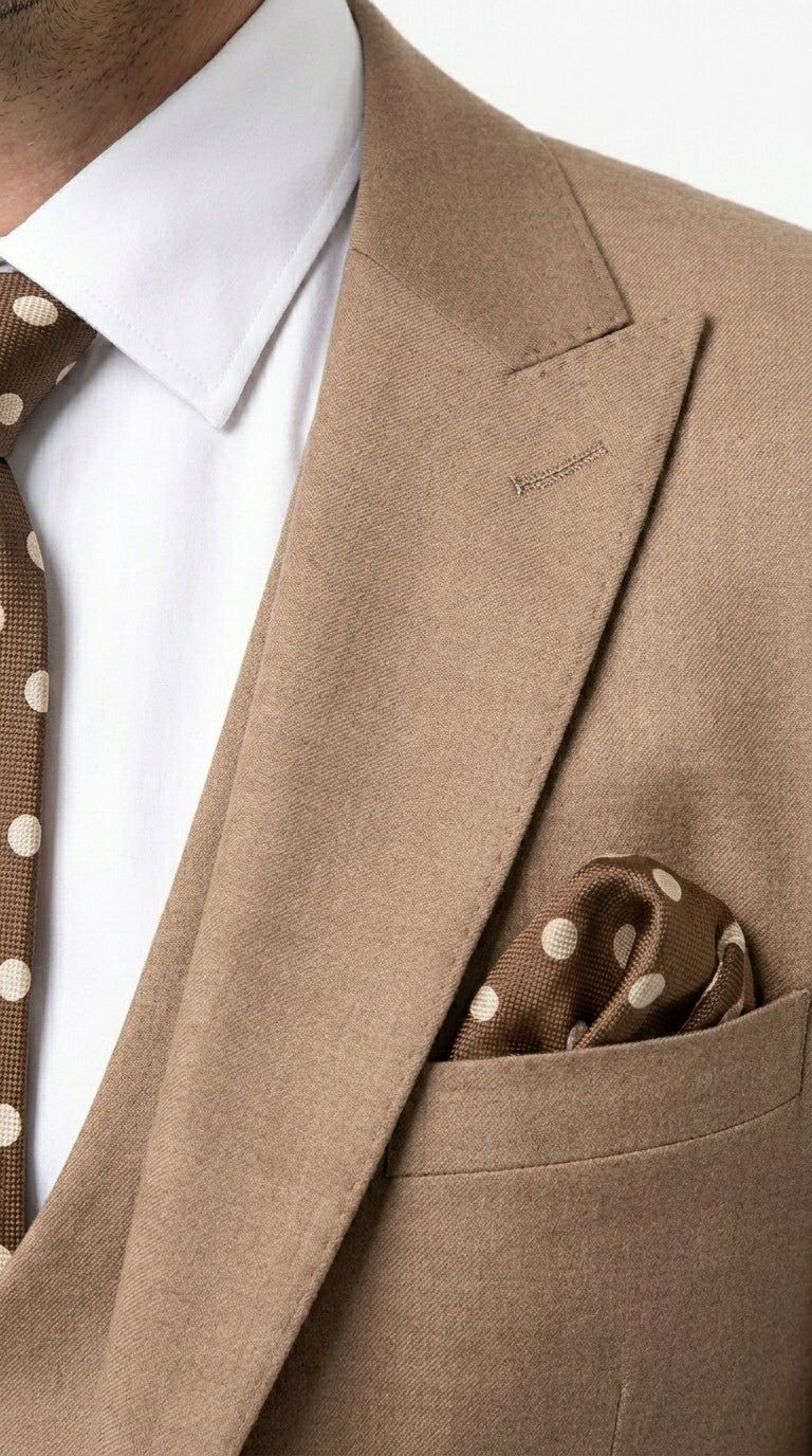 Men’s Rossiman Tan Suit with Gold Buttons, Peak Lapel Jacket and Double Breasted Vest Modern Fit