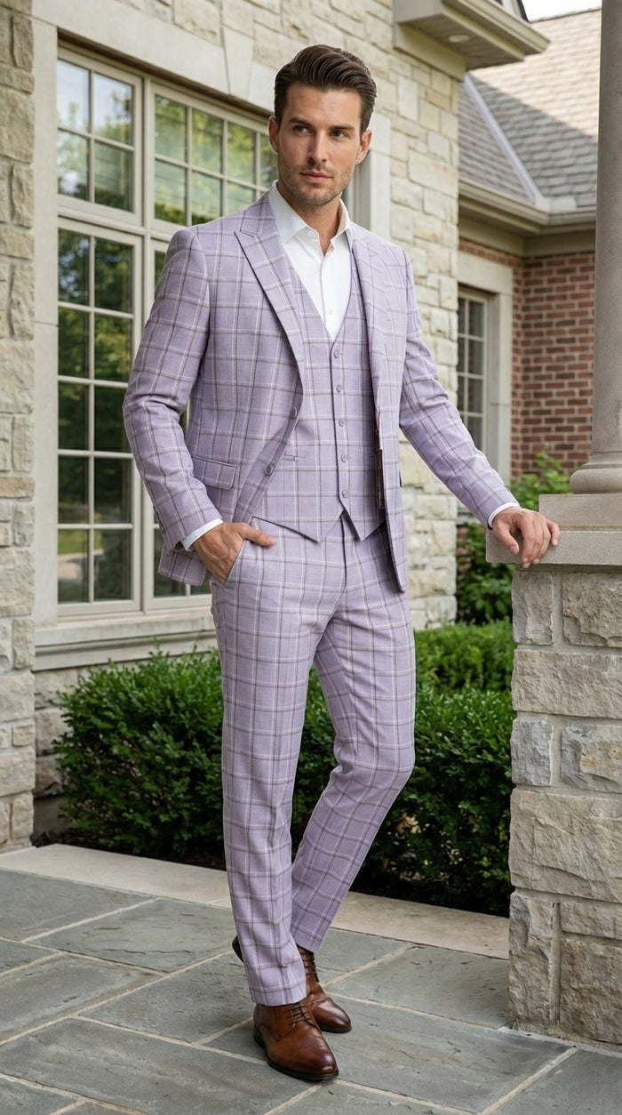 Men’s Lilac Lavender Windowpane Check 3 Piece Suit – Lilac Plaid Formal Suit with Vest for Wedding, Prom and Business Events  Modern Fit