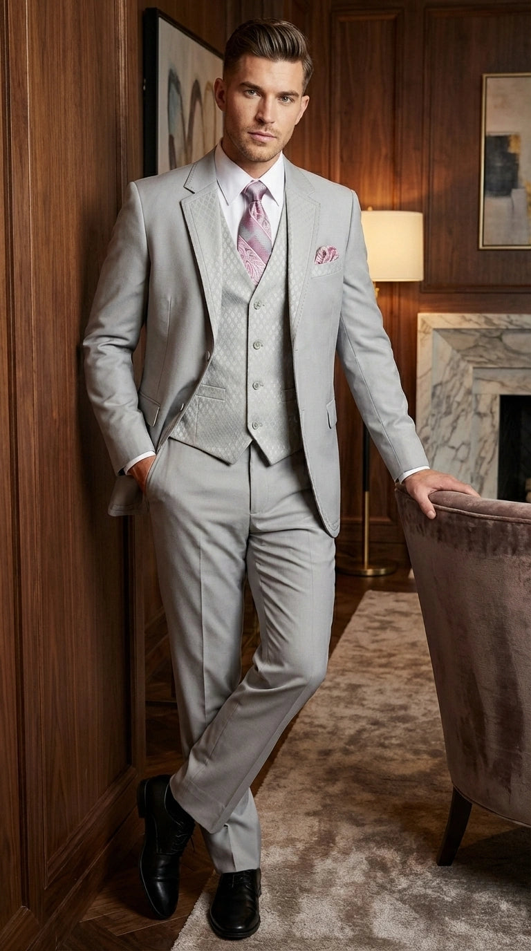 Men’s Light Gray 3 Piece Suit – Ice Silver Gray Formal Suit Set with Vest, Patterned Lapel and Tie for Wedding, Prom and Business Events  Modern Fit