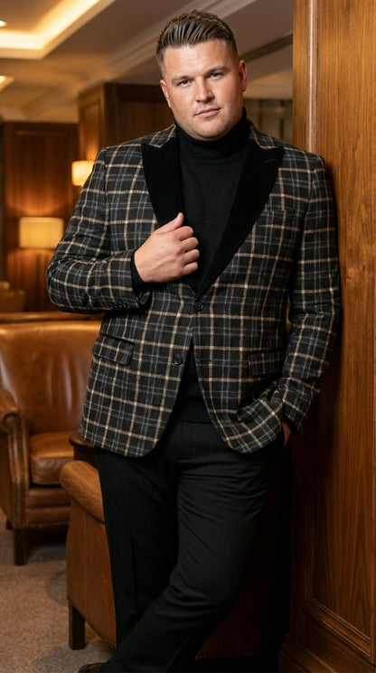 Mens Tartan Black and Gold Check Blazer – Windowpane Plaid Sport Coat Velvet Lapel Formal Party Jacket Chirsitmas New Year Holiday Jacket