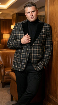 Mens Tartan Black and Gold Check Blazer – Windowpane Plaid Sport Coat Velvet Lapel Formal Party Jacket Chirsitmas New Year Holiday Jacket