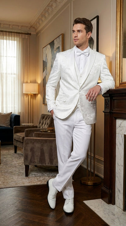 Men’s White Paisley Wedding Tuxedo with Groom Suit Jacket, Vest and Pants, Formal Dress Suit