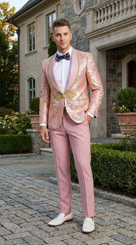 Men’s Rose Gold Pink Prom Tuxedo Suit – Slim Fit Paisley Pattern Formal Tuxedo Suit for Prom, Wedding and Special Events