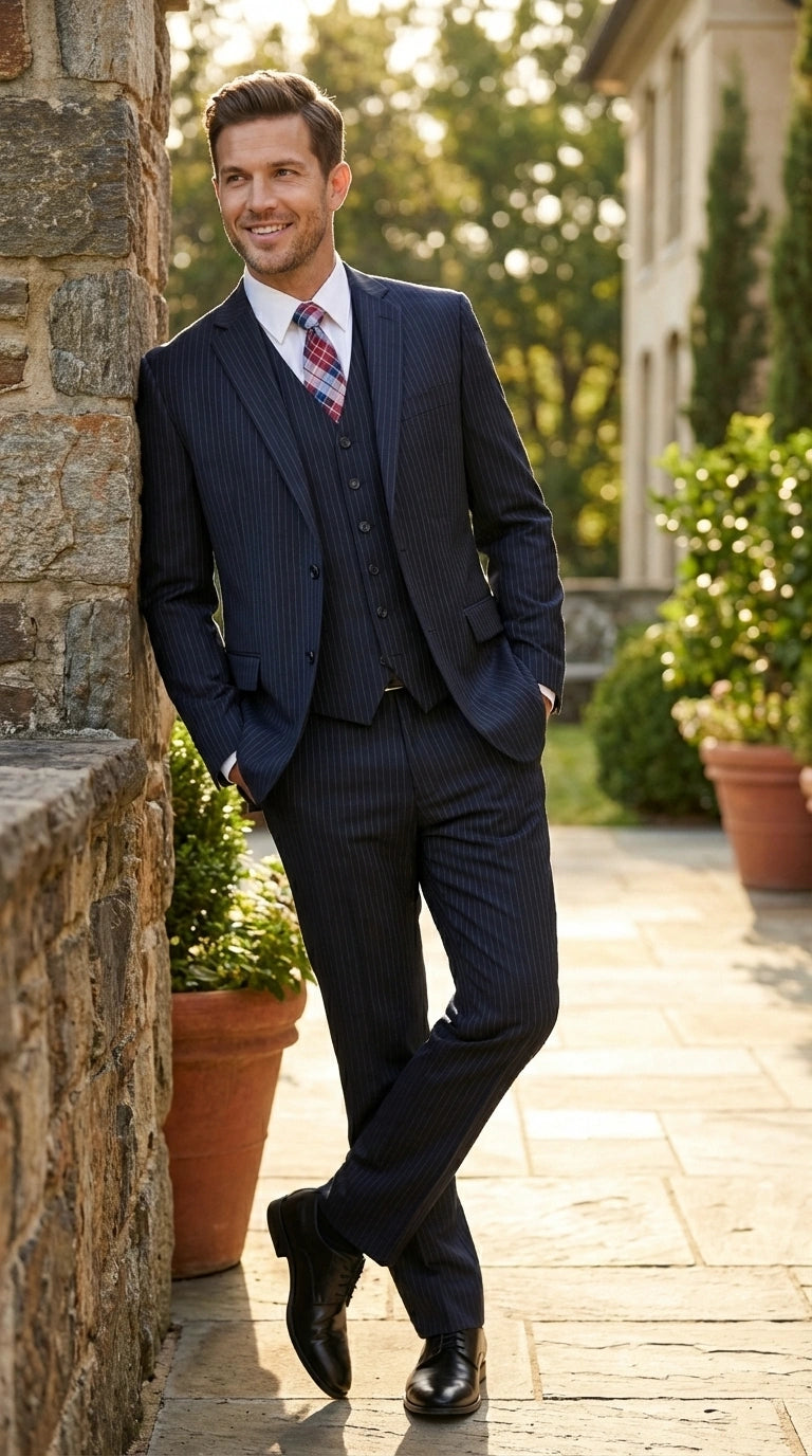 Italian Made By Statment - 100% Wool Fabric Super 150's  Banker Pinstripe in Navy Charcoal Black 2 Button Suit Modern Fit 2 Buttons Notch Lapel