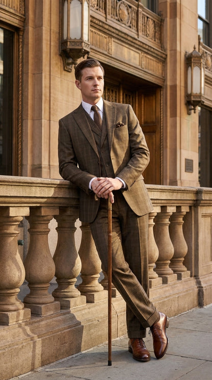 Men’s 1930s Brown Plaid 3 Piece Suit, Vintage Formal Wedding Business Dress Suit Set  Modern Fit
