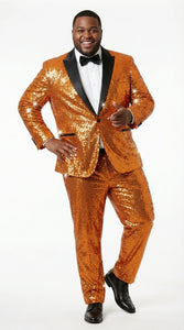 Mens Orange Sequin Tuxedo Suit – Shiny Wedding Suit Set with Black Lapel for Prom, Party, Gala and Formal Evening Wear - Goldish Orange