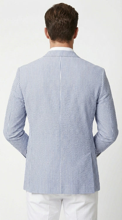 Mens Blue Seersucker Blazer – Lightweight Striped Summer Sport Coat Casual Smart Formal Jacket