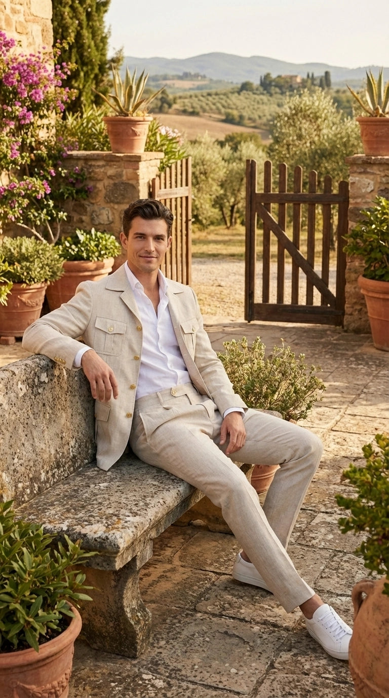 Mens Tan Beige Safari Military Walking Suit Set – Casual Two Piece Outfit Lightweight Summer Blazer and Pants Set Classic Casual Wear