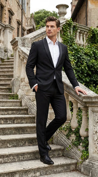 Tiglio Designer Men’s Black Single Button Tuxedo Suit – Formal Black Business and Wedding Suit Shawl Collar  Super 150's Wool Fabric