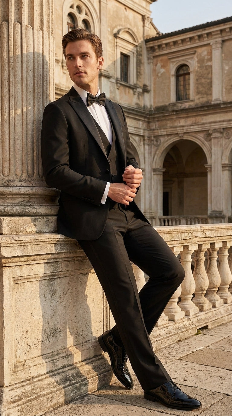 Men’s Black Boot Cut 3-Piece Tuxedo Suit – Peak Lapel Wedding, Prom and Formal Suit 1970s Style