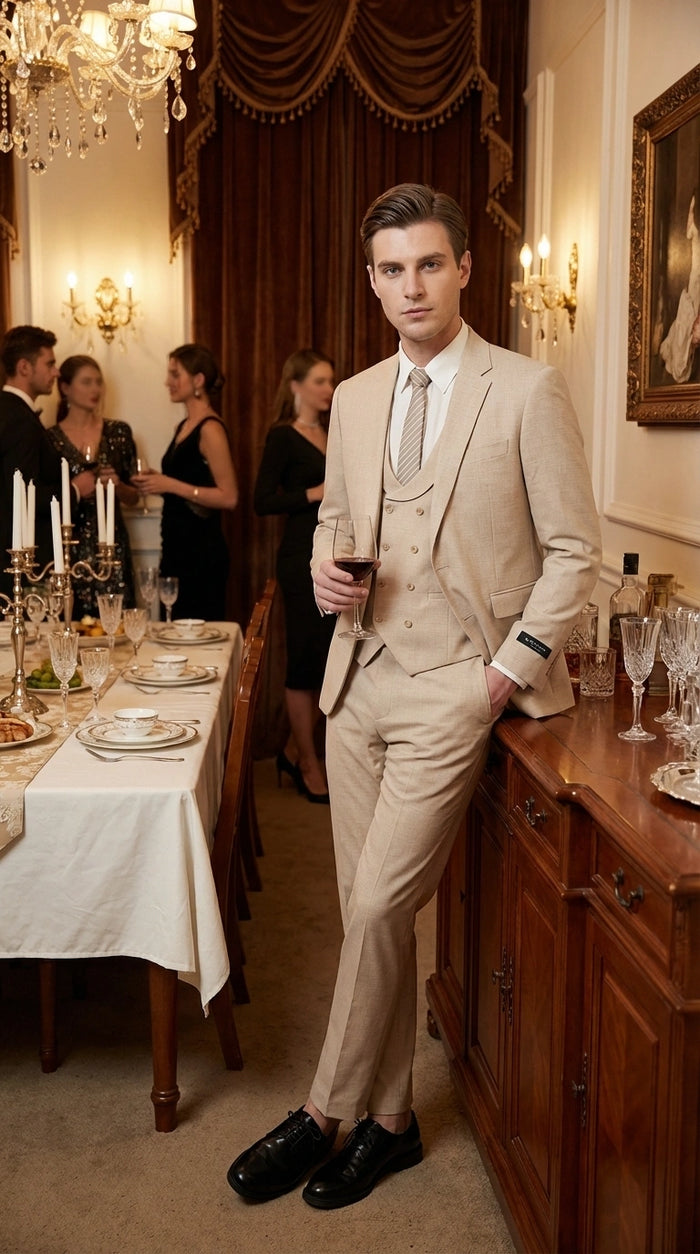 Mens Sand Beige 3 Piece Suit – Double breasted Vest Formal Suit Set  and Dress Pants in Champaign Natural Summer Color Modern Fit