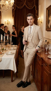 Mens Sand Beige 3 Piece Suit – Double breasted Vest Formal Suit Set  and Dress Pants in Champaign Natural Summer Color