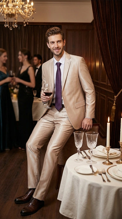 Men’s Champagne Tan Sharkskin 2 Button Suit – Shiny Formal Suit with Optional Vest for Wedding, Prom, Business Beige Color Modern Fit