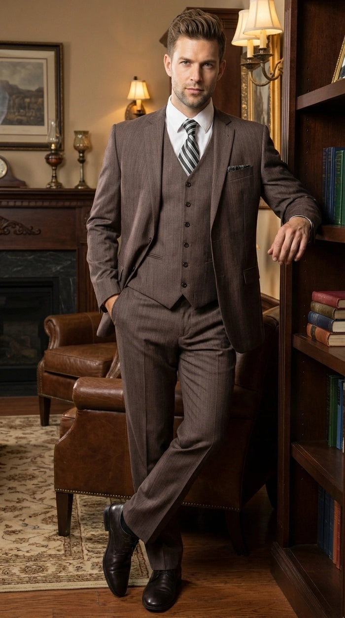 Men’s Brown Sharkskin 3 Piece Suit – Textured Two Button Vested Business Formal Suit for Wedding, Party Wear Vested Modern Fit