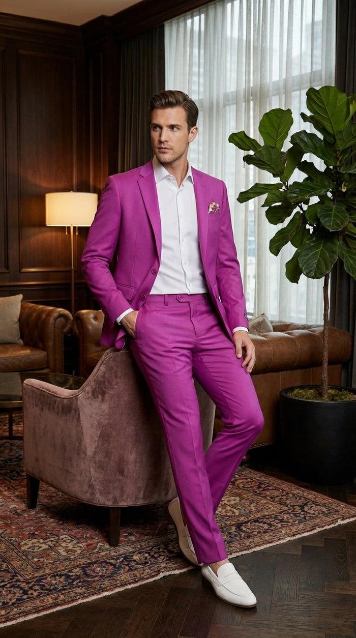 Mens Fuchsia 2 Piece Suit – Bright Pink Formal Suit for Men Stylish Wedding Party Prom Suit Magento Color Modern Fit