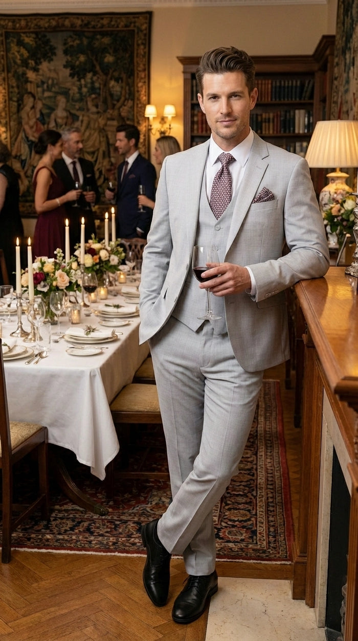 Men’s Light Grey Sharkskin 3 Piece Suit – Two Button Vested Modern Formal Business Suit for Wedding in silver Ice Gray Modern Fit