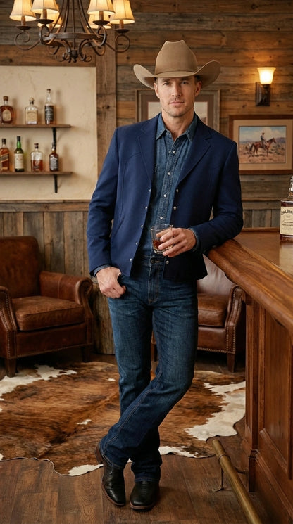 Mens Navy Blue Western Blazer Set – Cowboy Style Jacket and Pants Outfit Classic Country Western Blazer