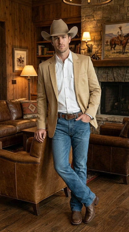 Men’s Tan Camel British khaki Western Blazer – Two Button Classic Casual Sport Coat - Cowboy Country Coat