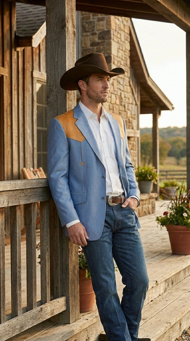 Men’s Sky Blue and Gold Western Cowboy Blazer – Classic Country Style Jacket, Retro in Steel Blue Color
