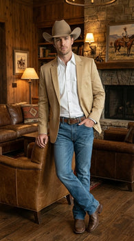 Men’s Tan Camel British Khaki Western Blazer – Two Button Classic Casual Sport Coat - Ranch Country Coat