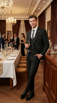 Men’s Black Pinstripe 3 Piece Suit – Vested Formal Business Suit for Wedding, Office, Prom and Party Wear